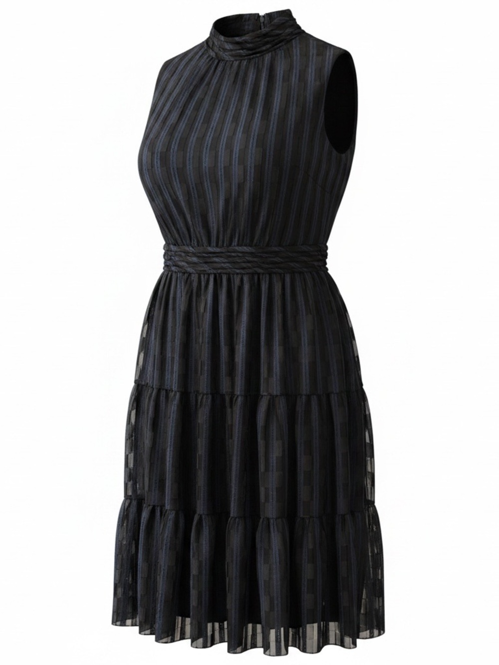 NWT Calvin Klein Navy  Sleeveless Tiered Mock-Neck Dress